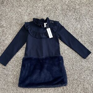 NWT Janie and Jack Navy Long Sleeve Dress with Faux Fur Hem